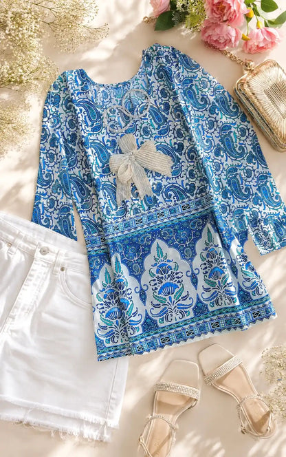 Blue Handprinted Short Kurta