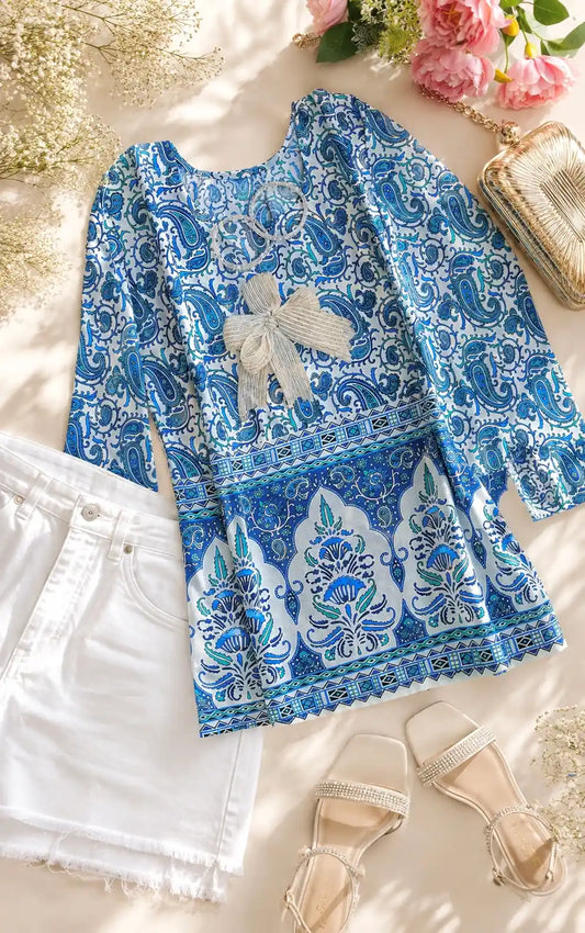 Blue Handprinted Short Kurta