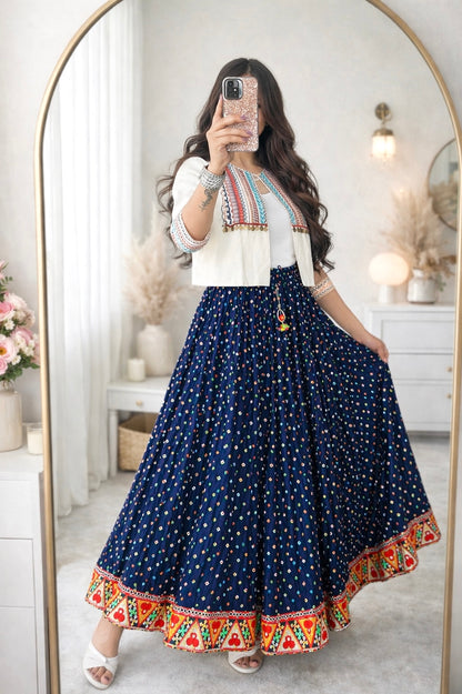 Blue Bandhej Jaipuri Skirt