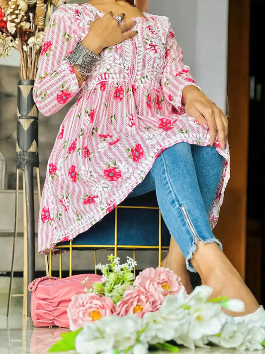 Scarlet Red Noor Short Chikan Top - Passion for Fashion by Shivani