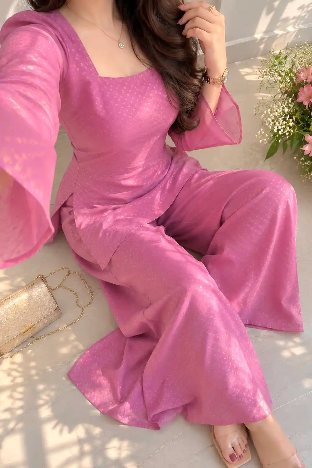 Rose Pink Textured Farsi Suit Set
