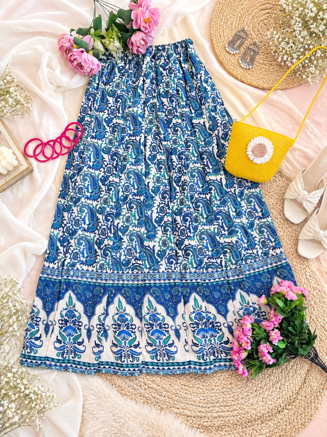 Blue Paisley Jaipuri Flared Cotton Skirt