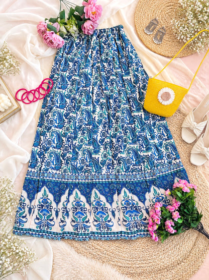 Blue Paisley Jaipuri Flared Cotton Skirt