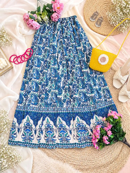 Blue Paisley Jaipuri Flared Cotton Skirt