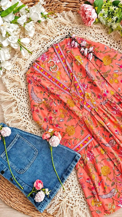 Pretty Peach Kalamkari Short Denim Kurta