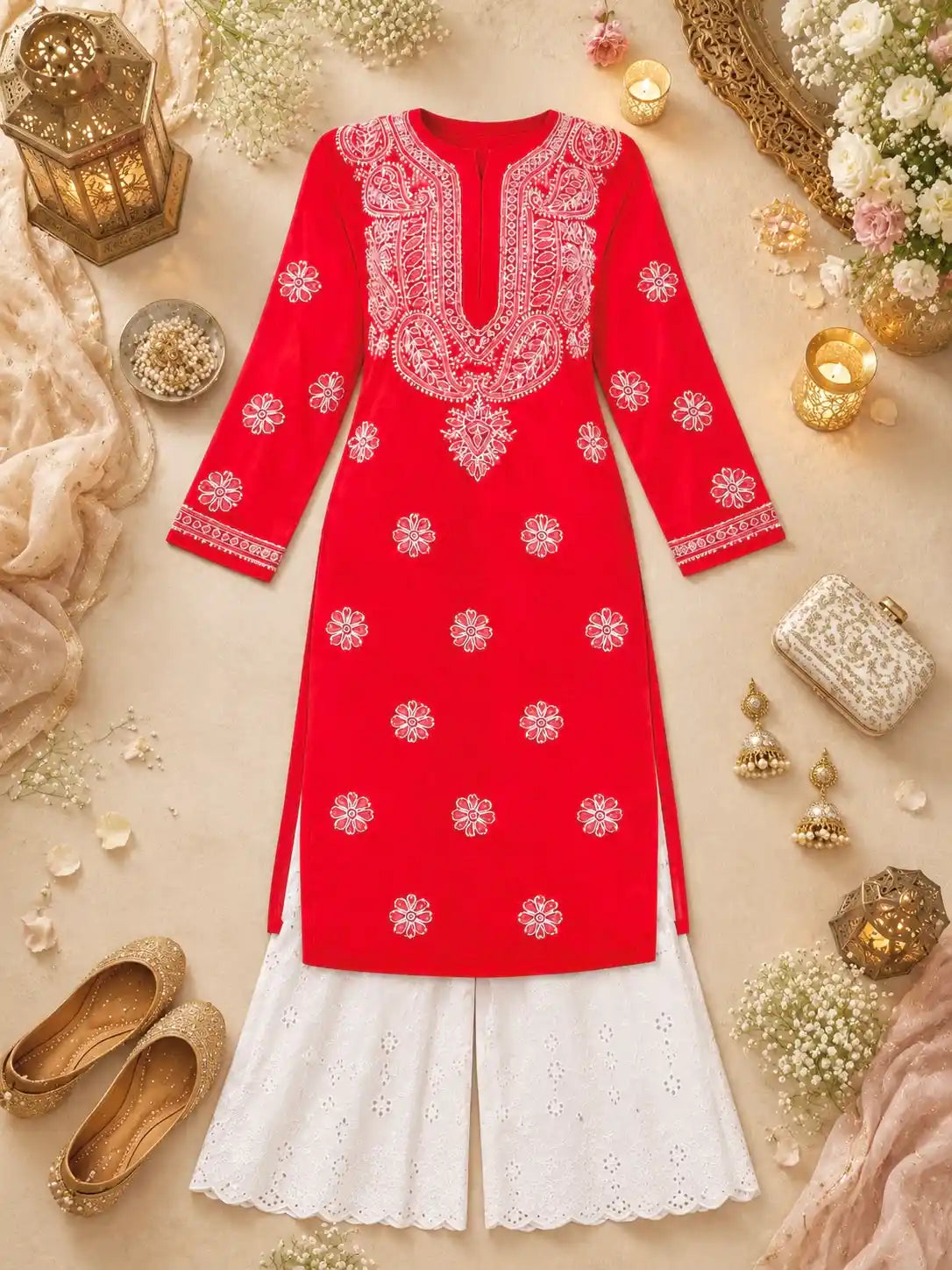 Scarlet Maroon Noor Chikan Kurta