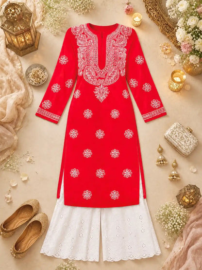 Scarlet Maroon Noor Chikan Kurta