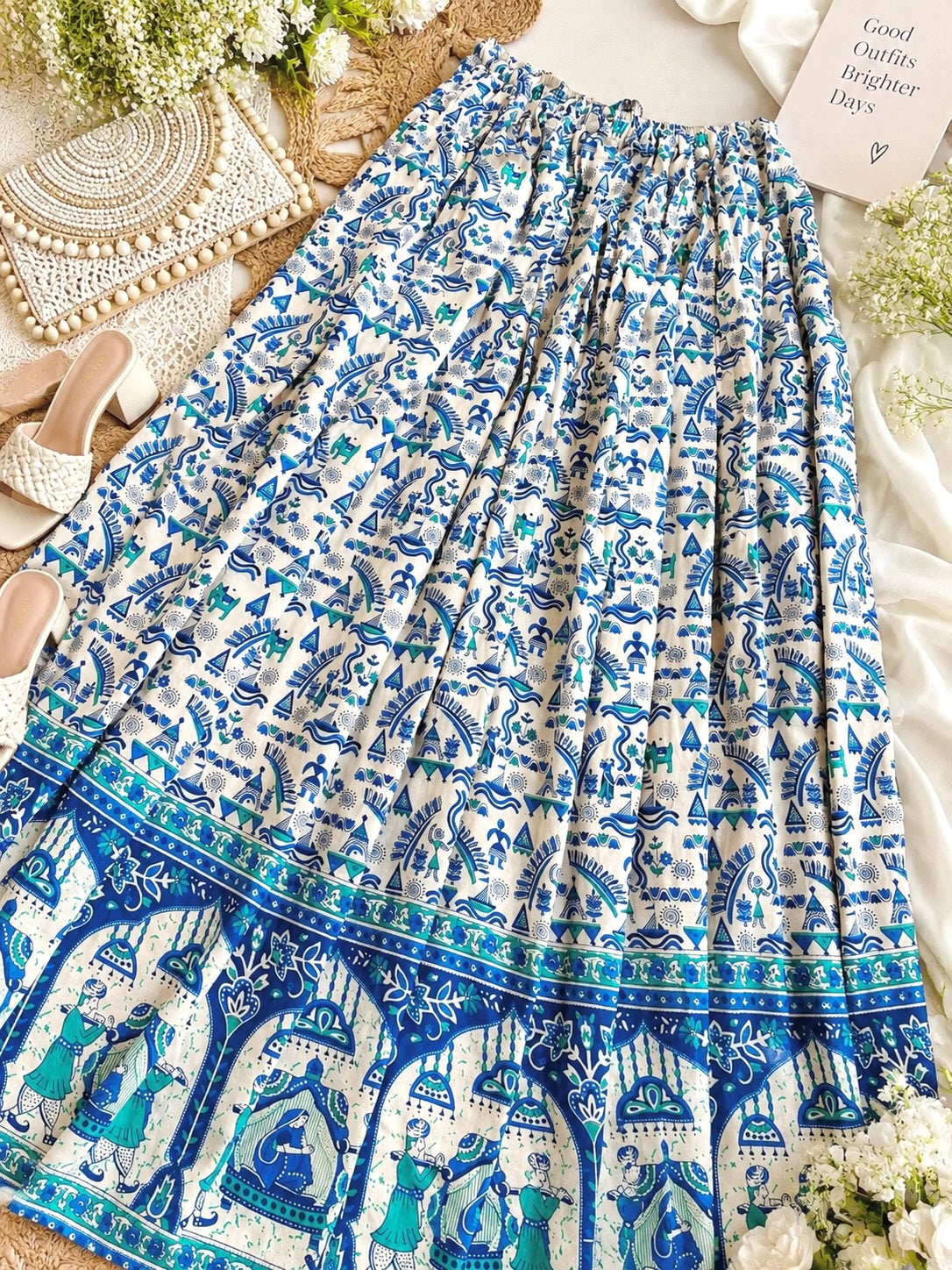 Blue Jaipuri Folk Art Printed Twirl Skirt
