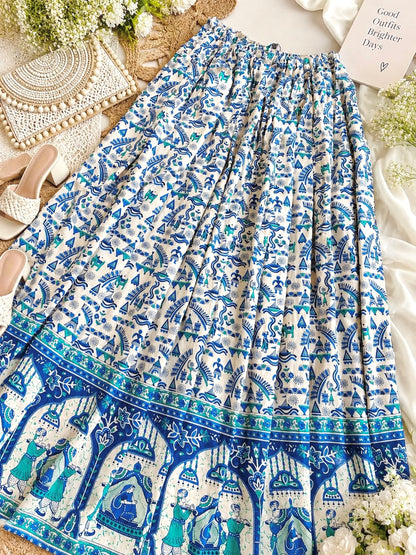 Blue Jaipuri Folk Art Printed Twirl Skirt