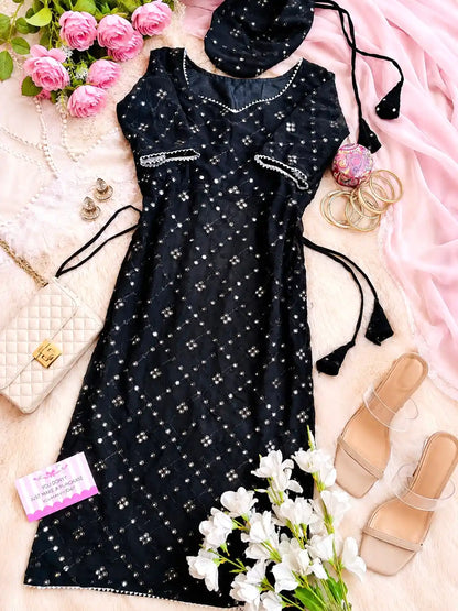 Classy Black Mirror Embroidered Gulnaz Kurta