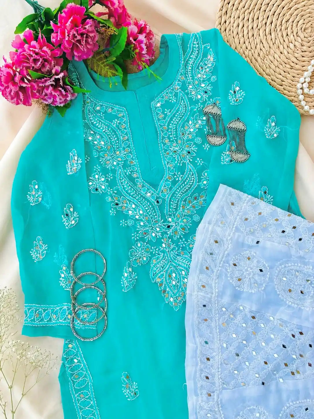 Blush Turquoise Rooh Chikan Kurta