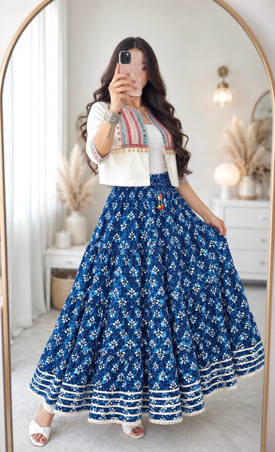Jaipuri Indigo Block Flared Twirl Skirt
