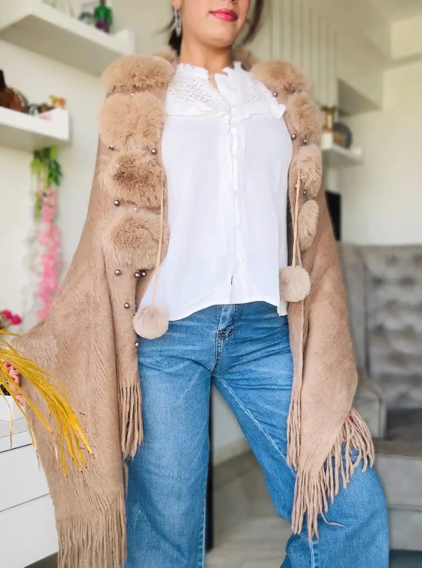 Brown Pearl Fur Winter Cape