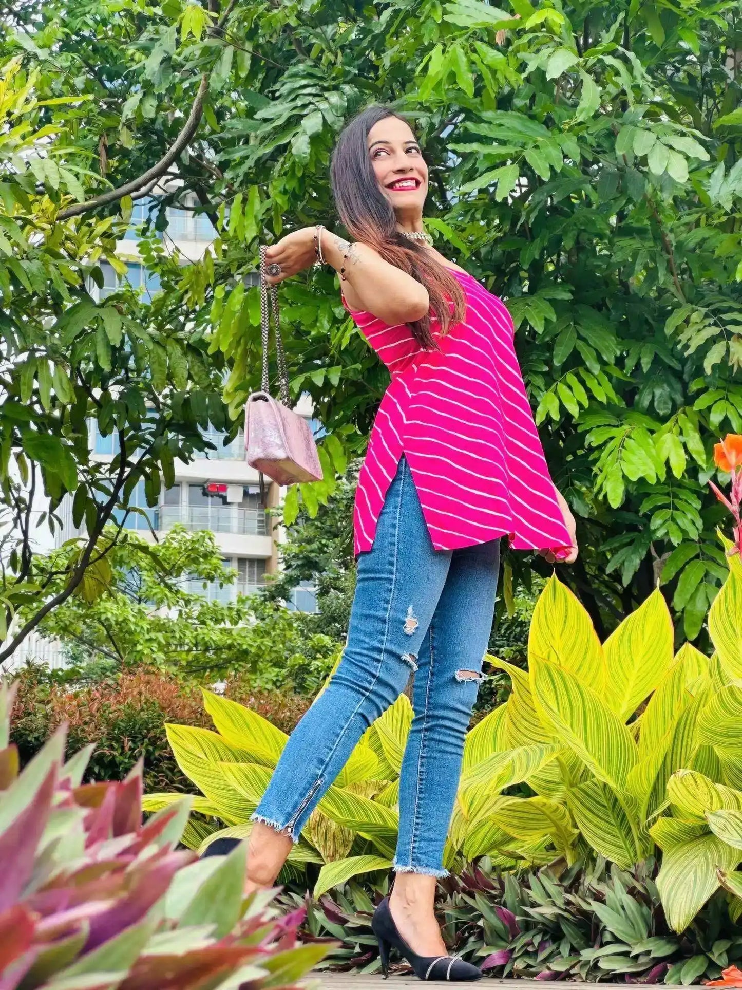 Pretty In Pink Lehriya Denim Kurta