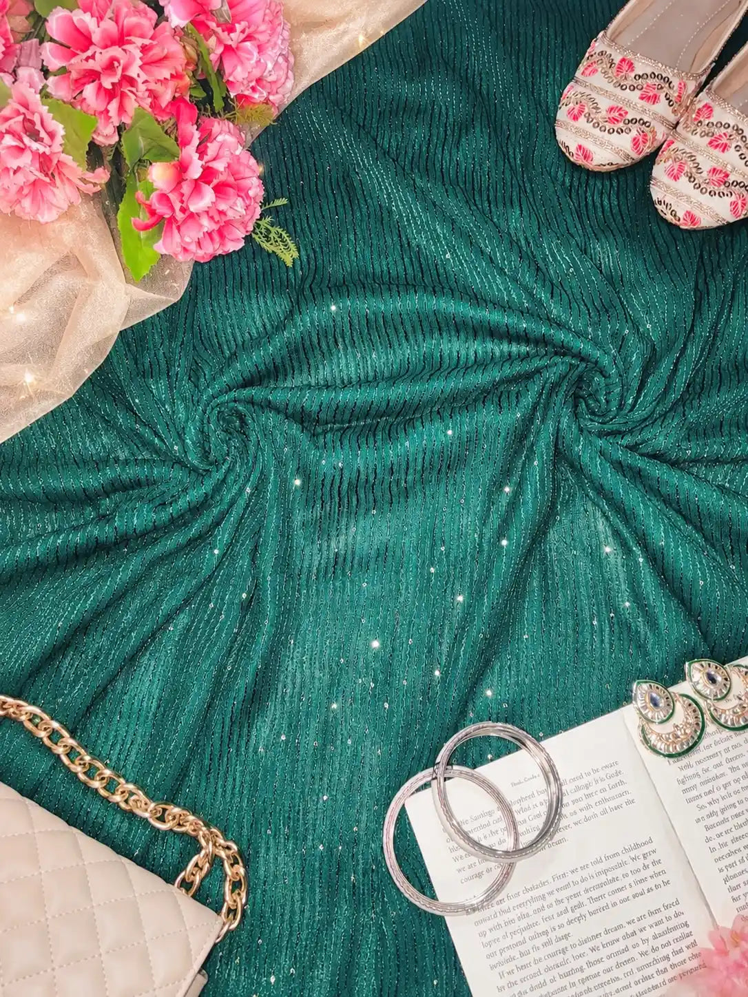 Luxury Emerald Green Sequin Embroidered Fabric Cut
