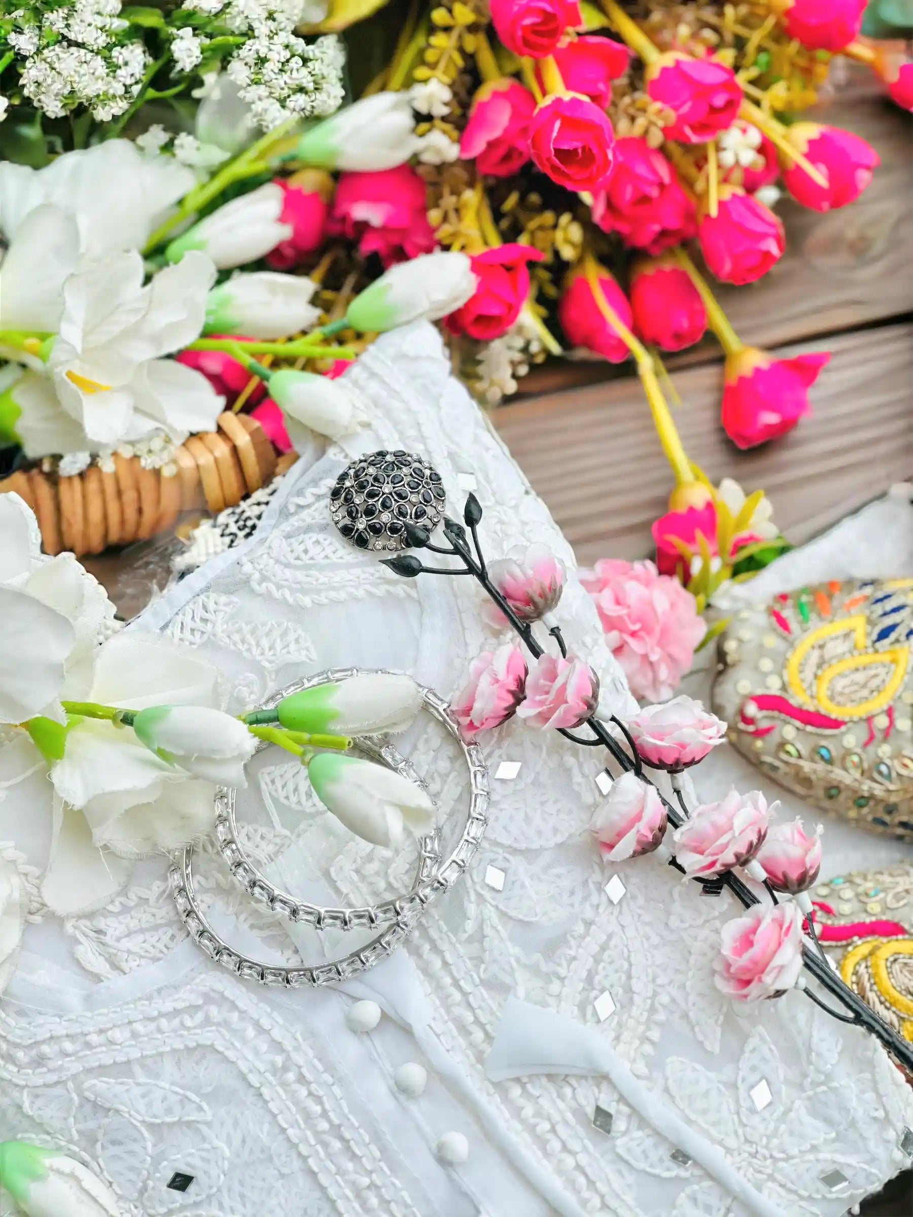 Palak White Noor Mirror Chikankari