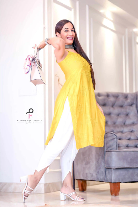 Mustard Hoor Chikankari Slit Kurta