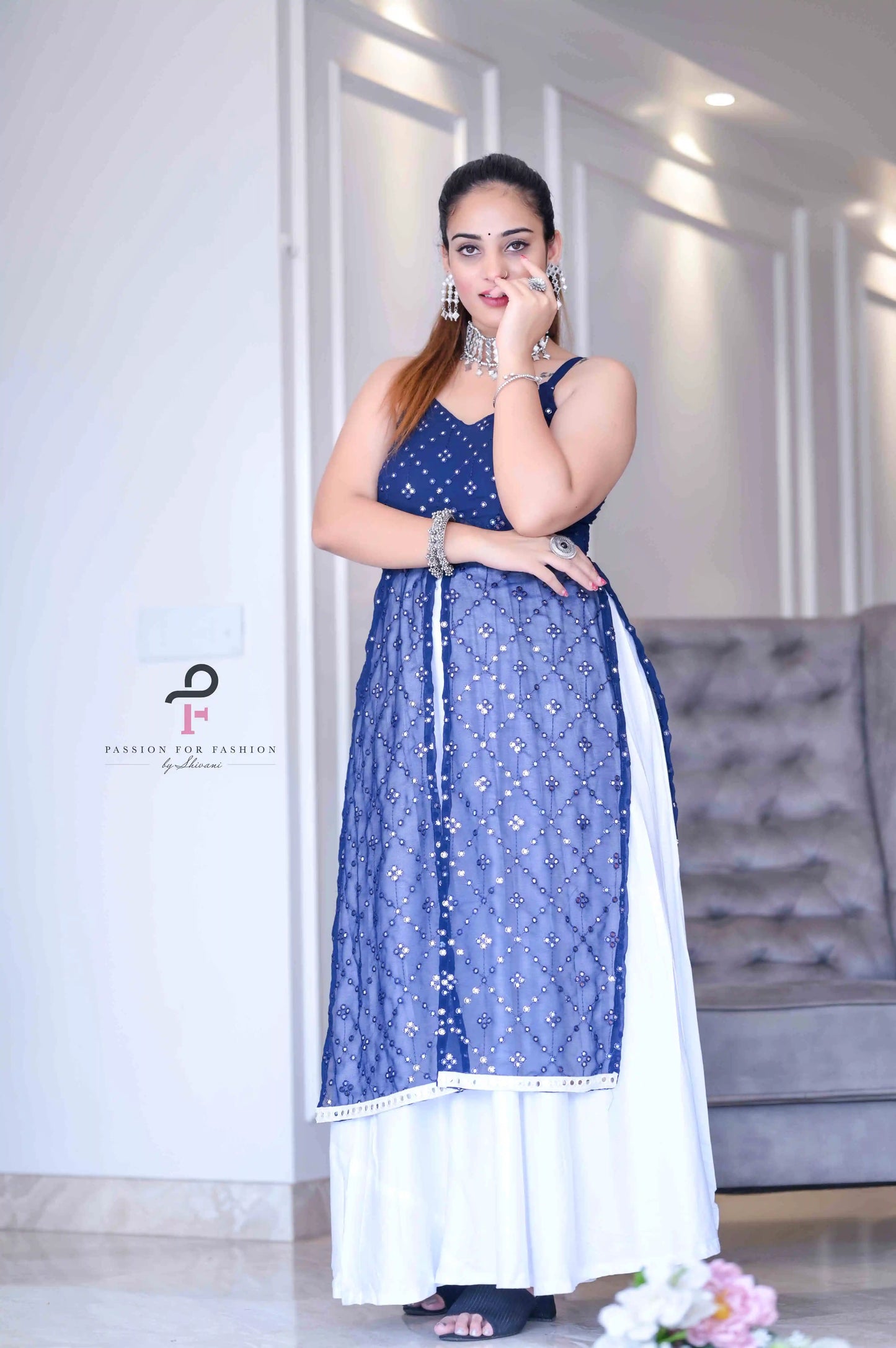 Dazzle Blue Mirror Embroidered Gulnaz Kurta