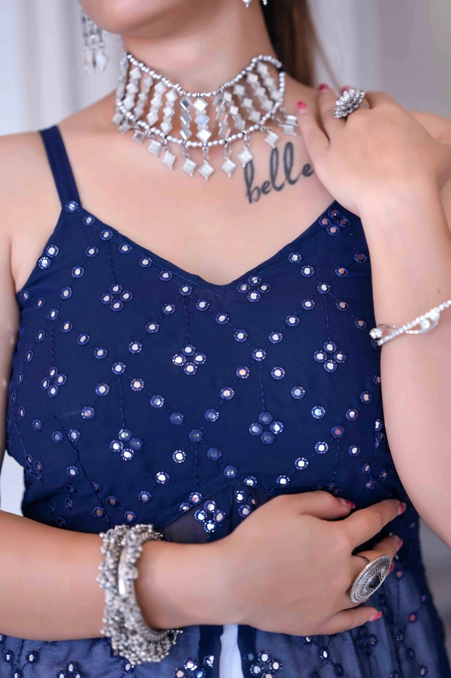 Dazzle Blue Mirror Embroidered Gulnaz Kurta