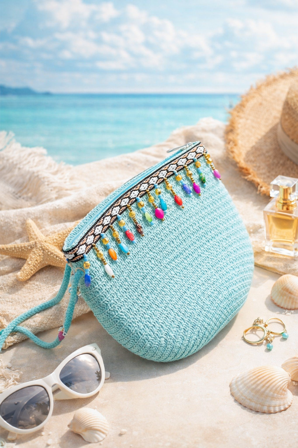 Boho Beaded Blue Crochet Sling Bag