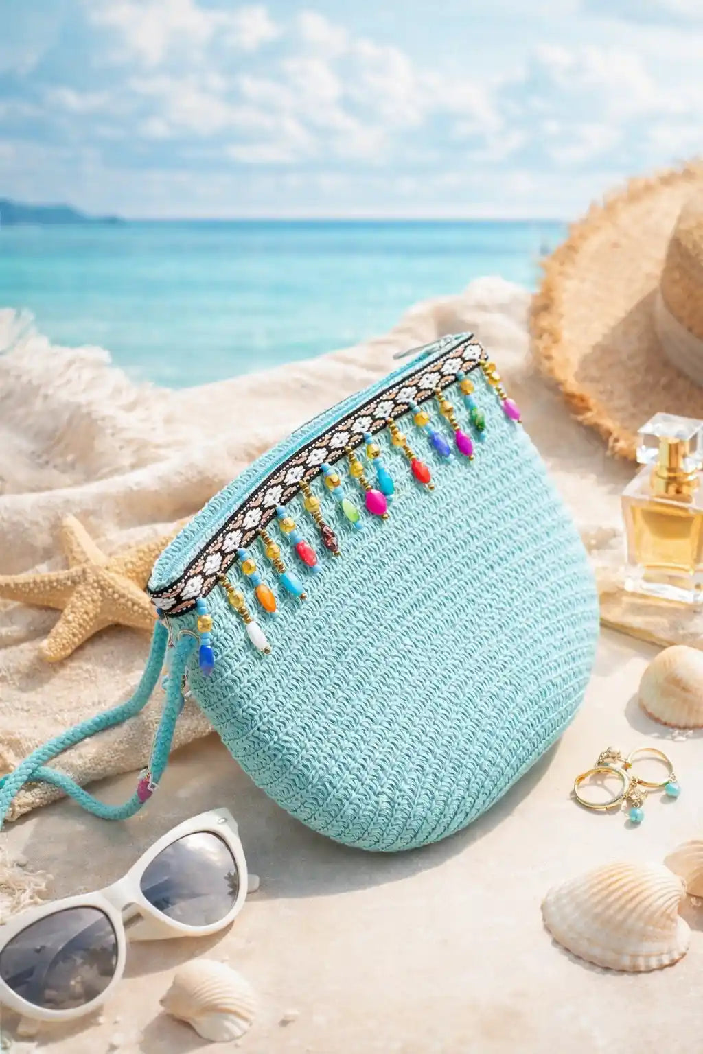 Boho Beaded Blue Crochet Sling Bag