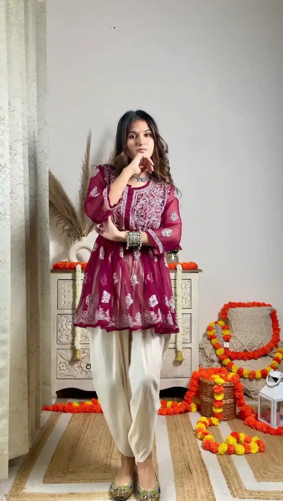 Swati's Plum Wine Noor Mirror Chikankari