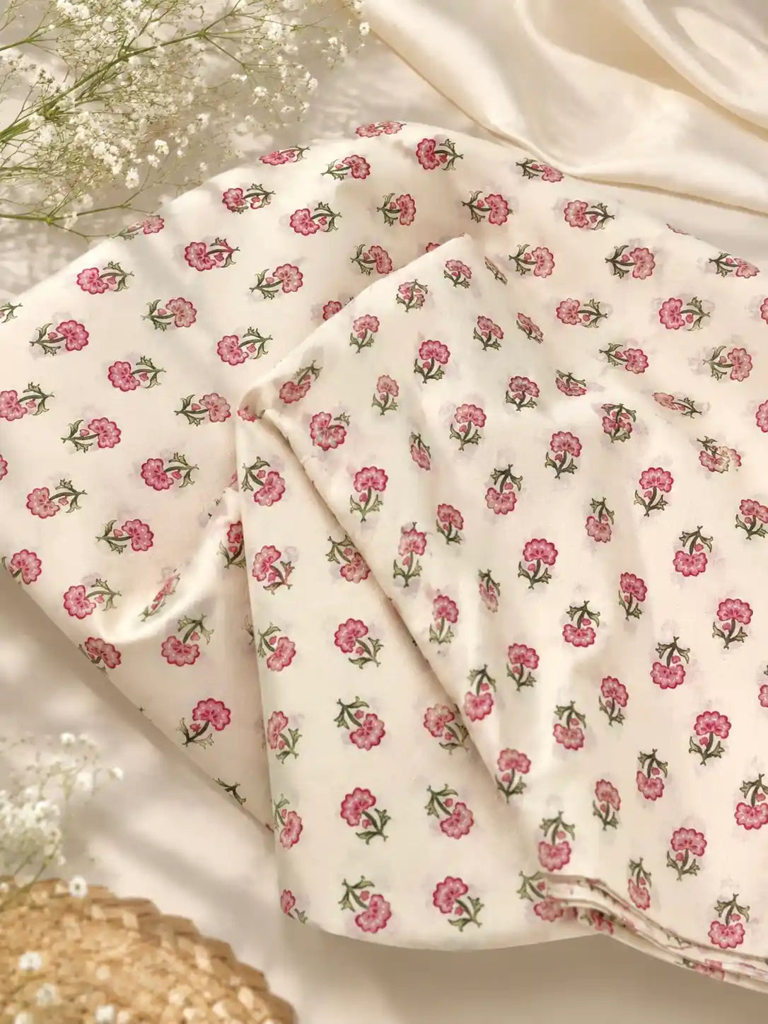Premium Ivory Floral Cotton Fabric Cut