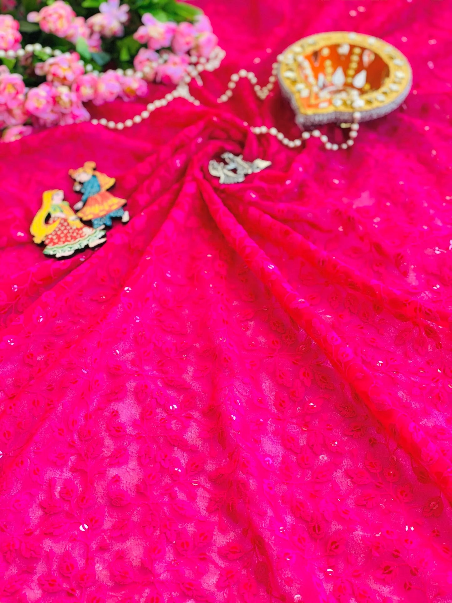 Hot Pink Gulnaz Embroidered Fabric Cut