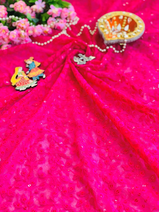 Hot Pink Gulnaz Embroidered Fabric Cut