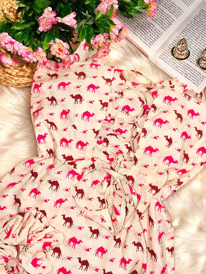 Pink Camel Handblock Short Kurta