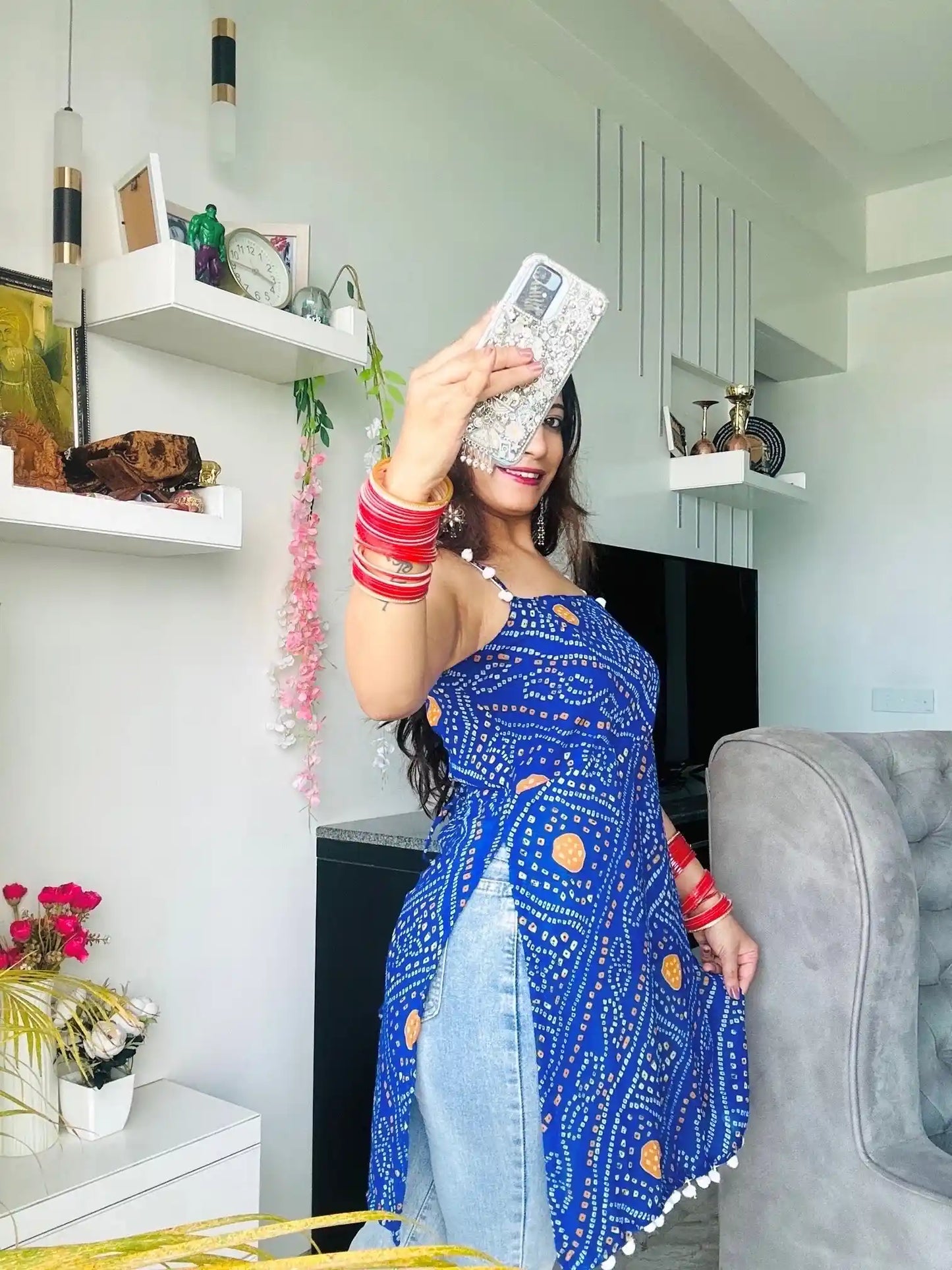 Blue Bandhej Back-Tie Top