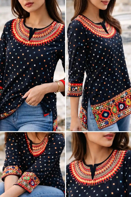 Bandhej Black Gamti Kurta