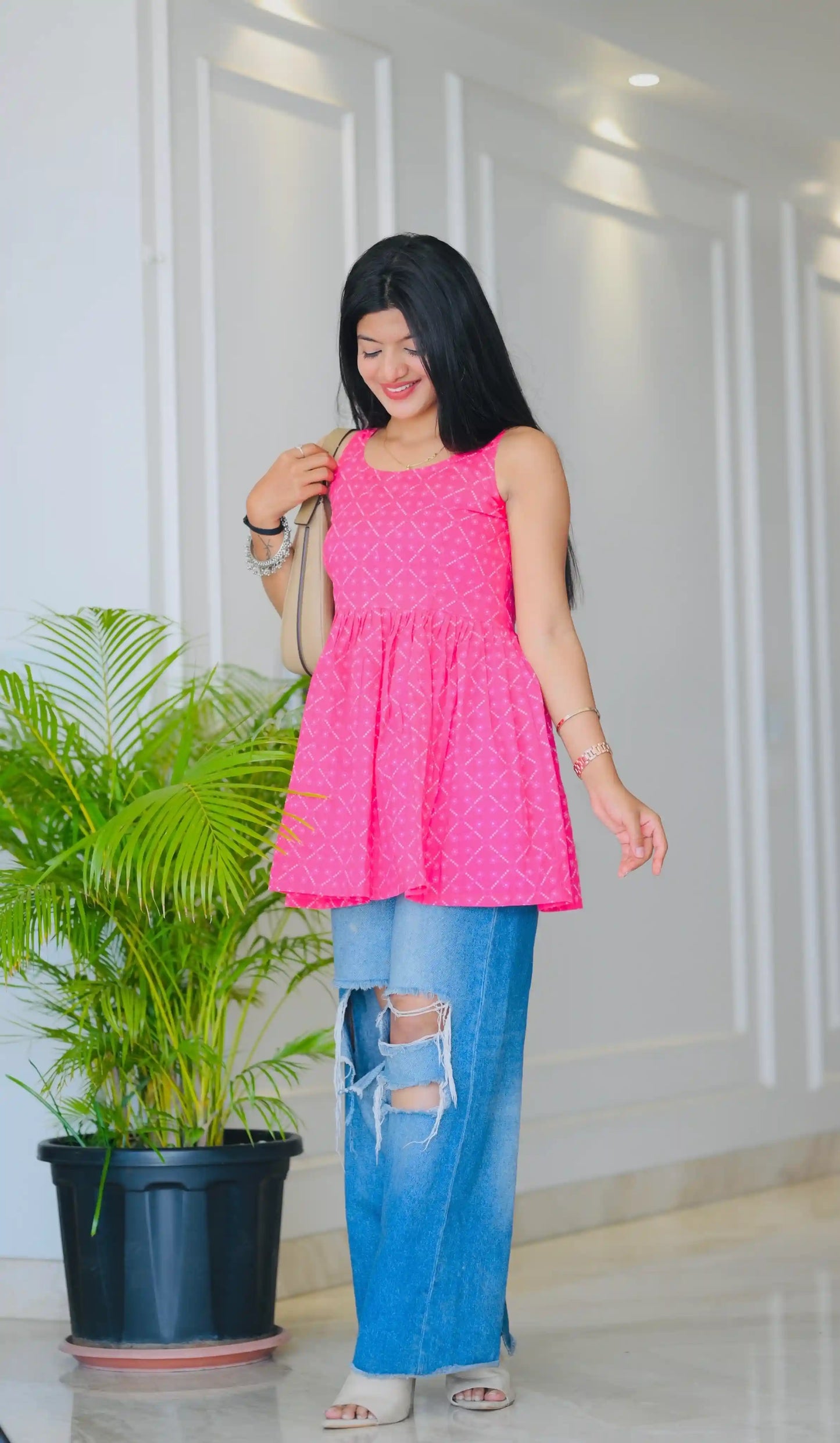 Pink Bandhej Jaipuri Short Top