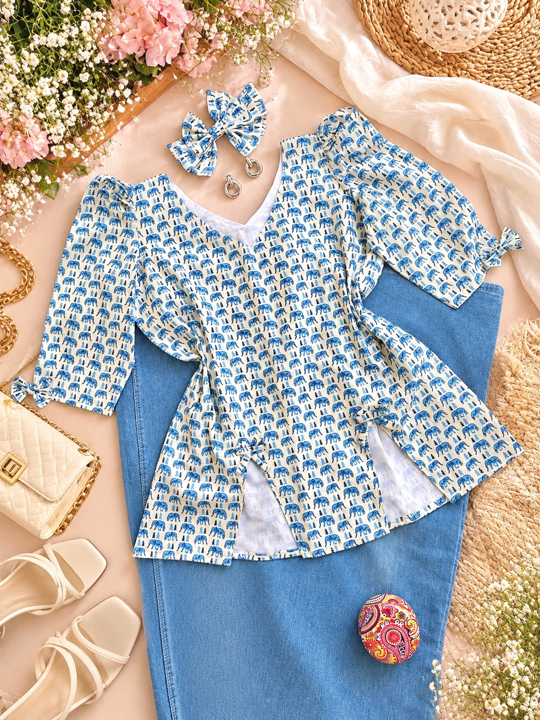 Ivory Blue Handblock Print Peplum Top
