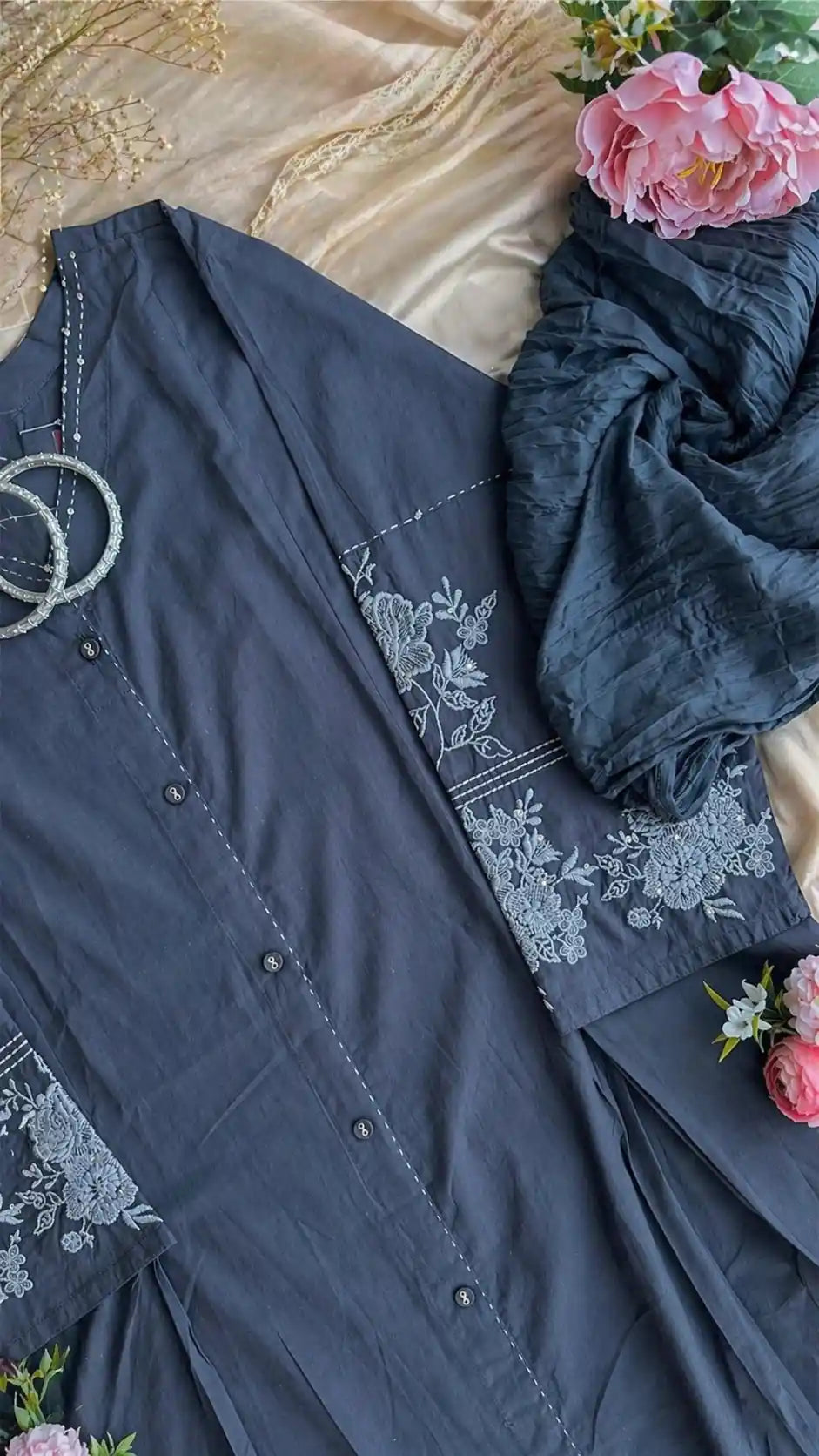 Meher Charcoal Embroidered Suit Set