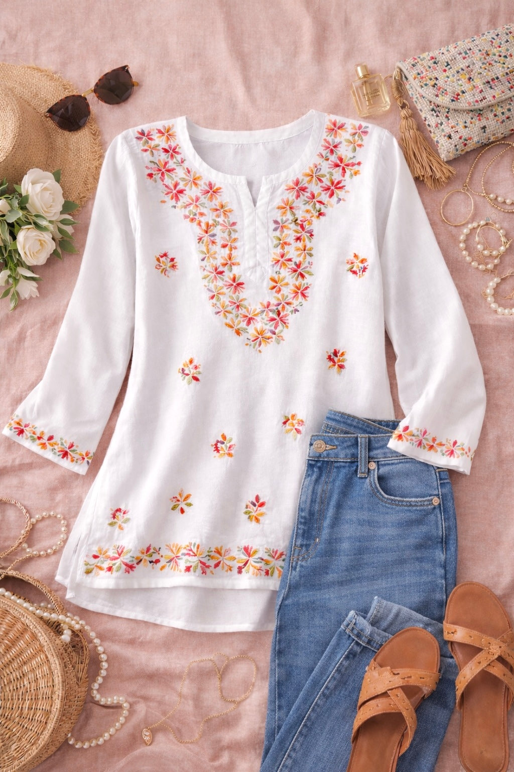 White Floral Chikan Embroidered Kurta