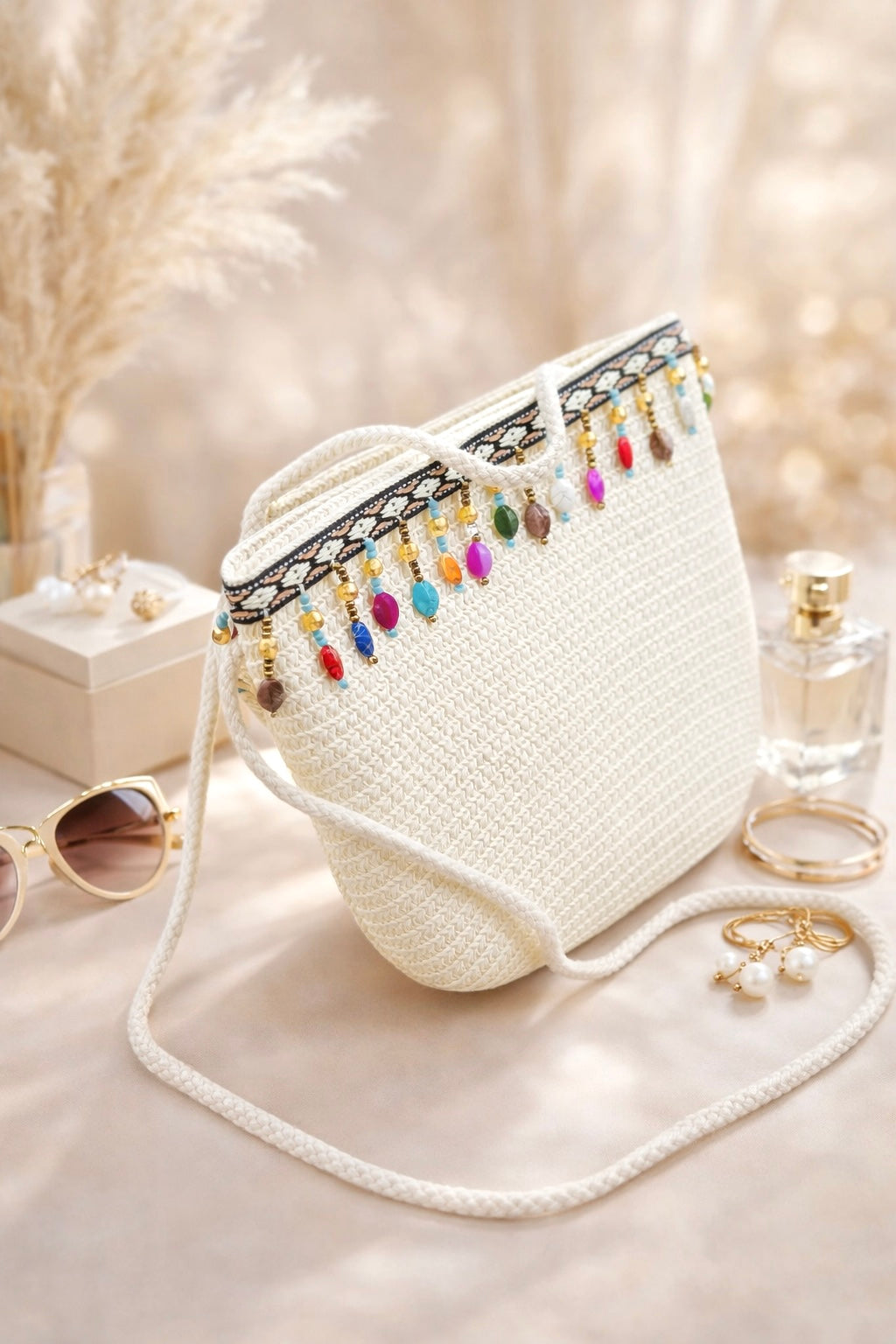 Boho Beaded White Crochet Sling Bag