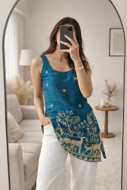 Teal Blue Hand Embroidered Kurta
