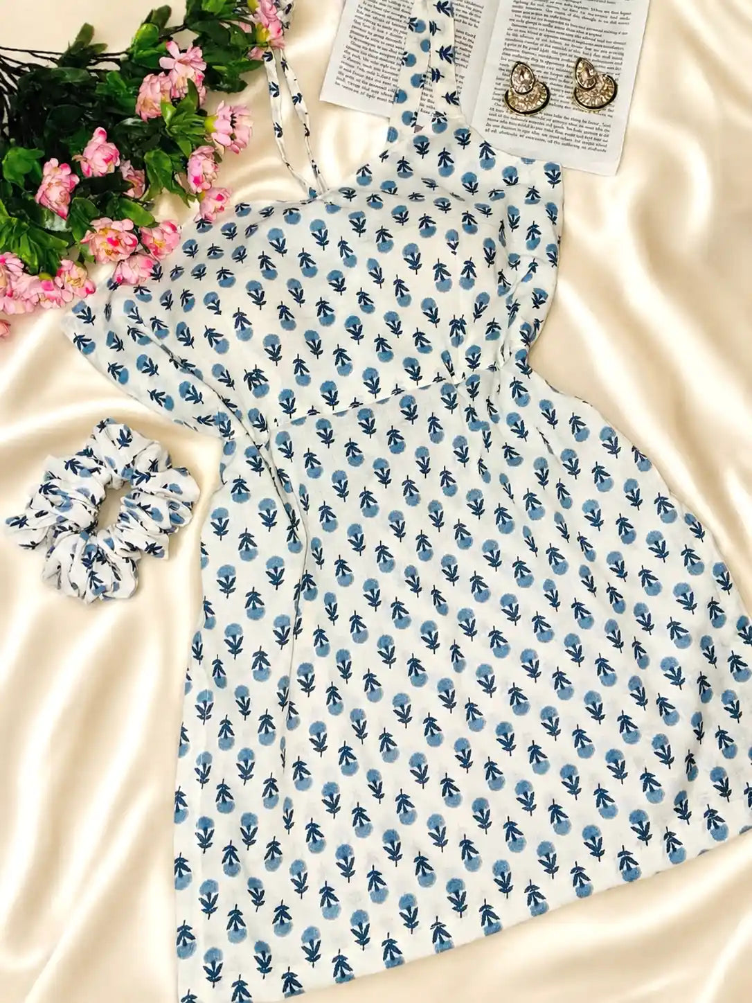 Blue Blossom Handblock Short Kurta