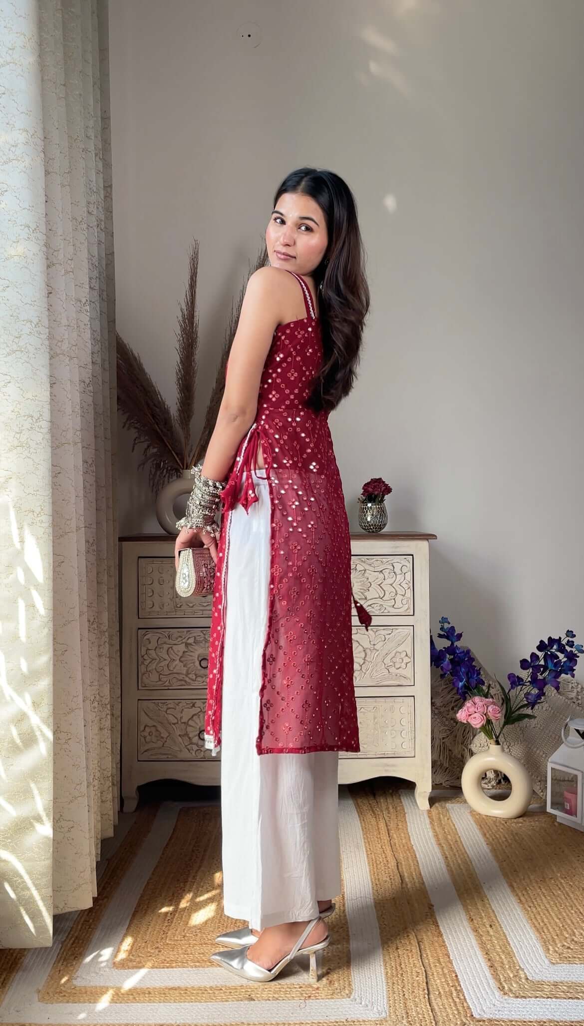 Swati's Scarlet Maroon Mirror Gulnaz Kurta