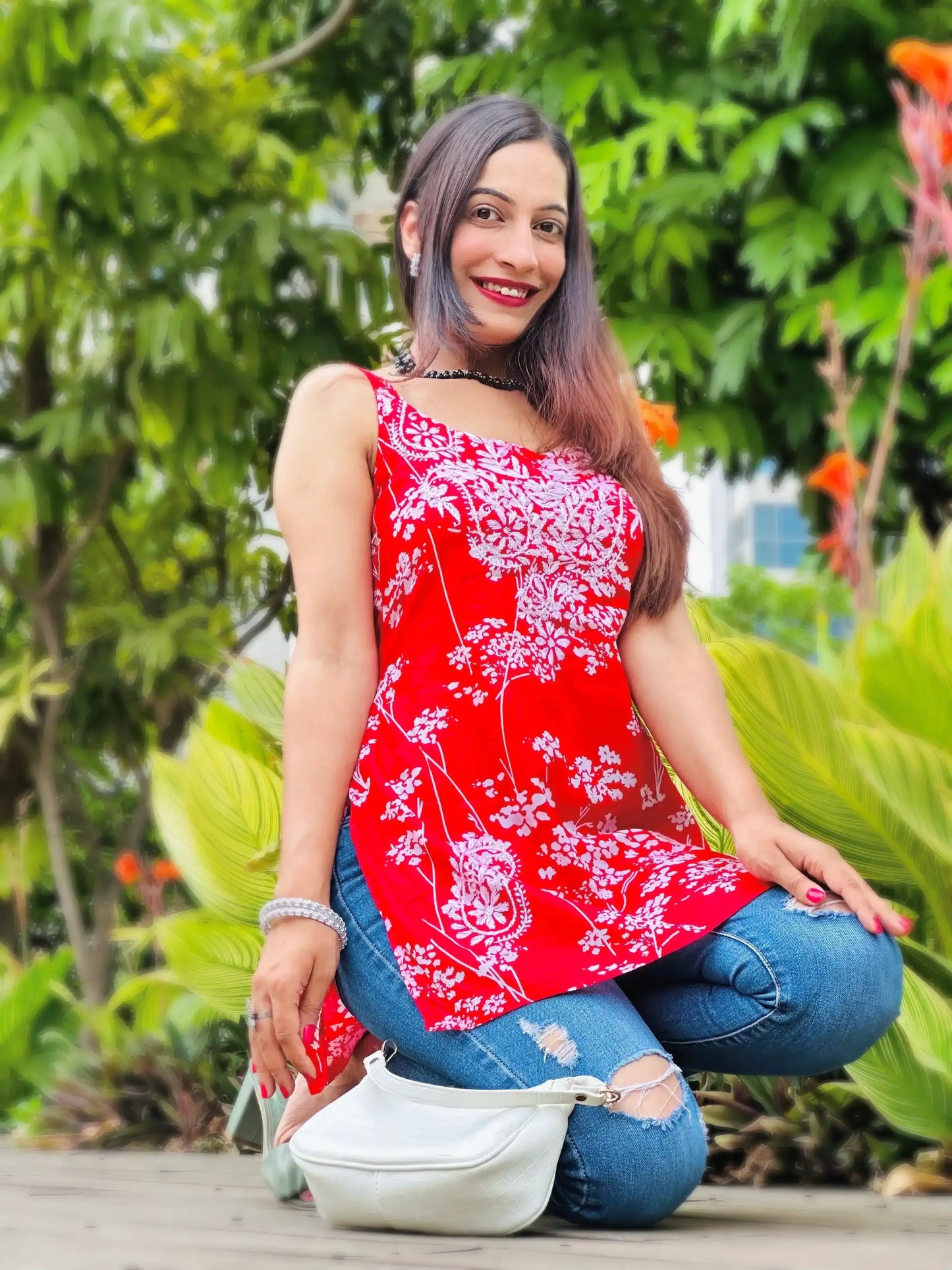 Crimson Red Naaz Chikan Short Kurta