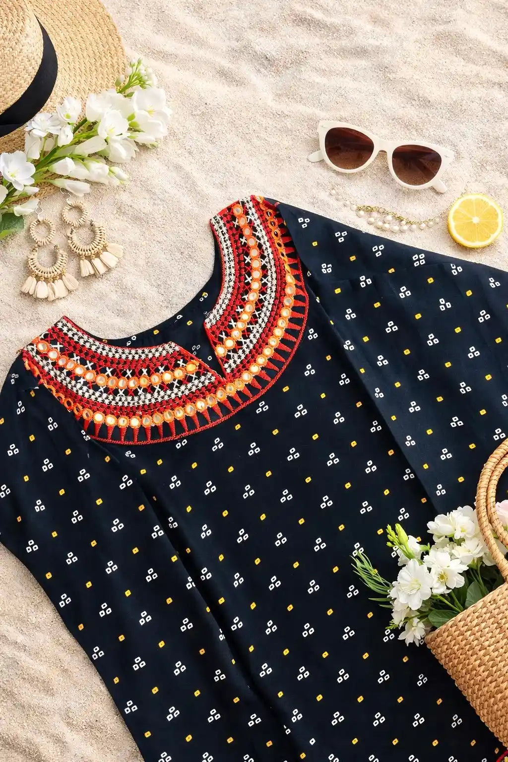 Gold Black Bandhej Short Kurta