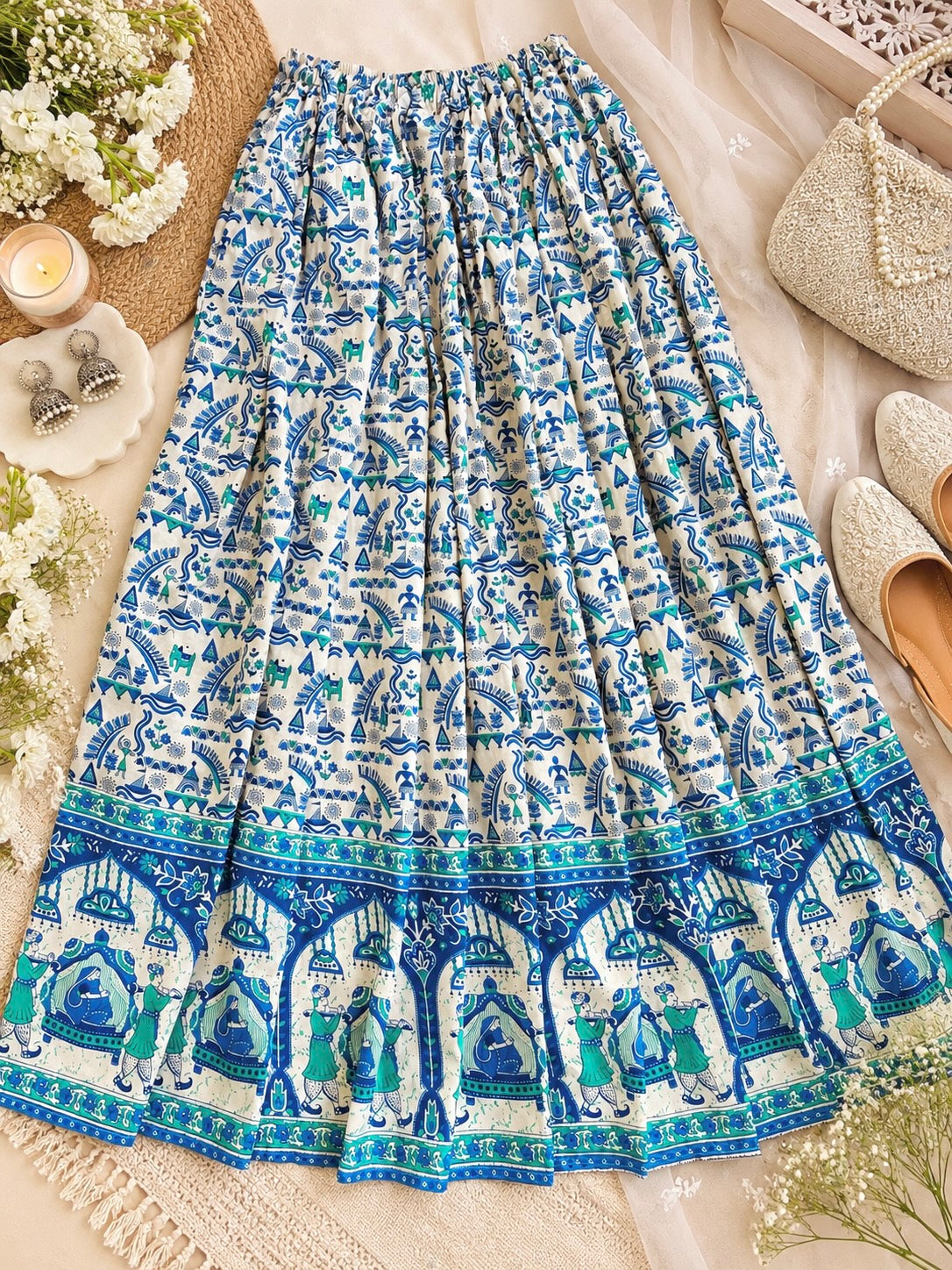 Blue Jaipuri Folk Art Printed Twirl Skirt