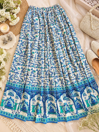 Blue Jaipuri Folk Art Printed Twirl Skirt