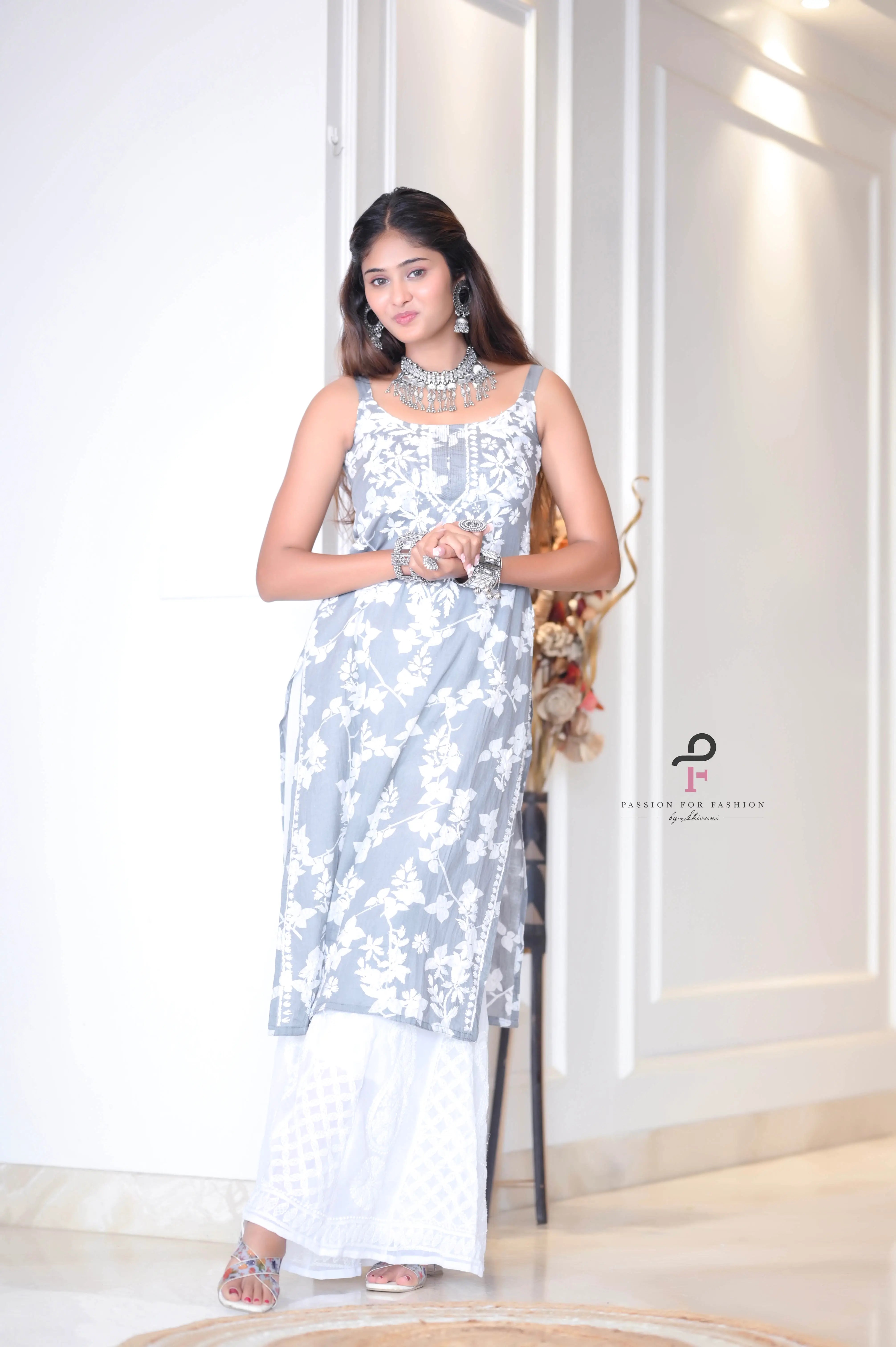 Swati's Grey Anokhi Mul Slit Chikan Kurta