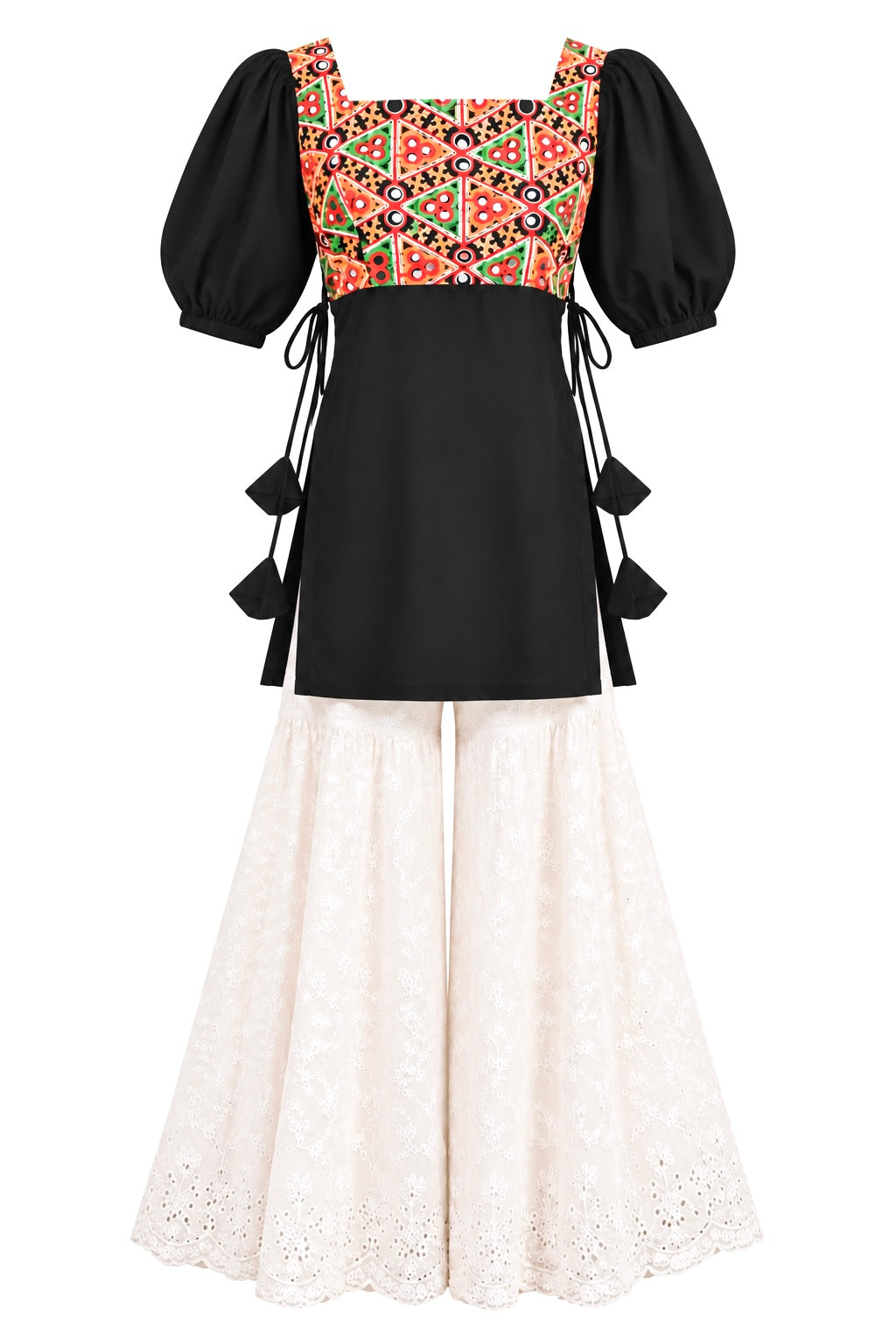 Black Multicolor Puff Sleeve Short Kurta