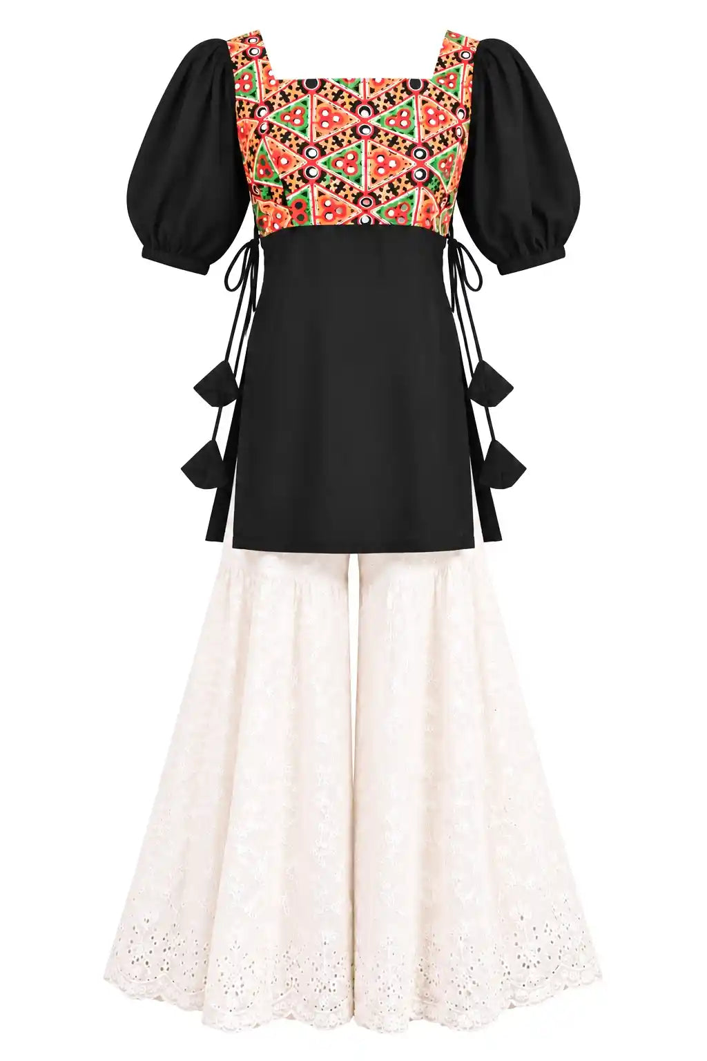 Black Multicolor Puff Sleeve Short Kurta