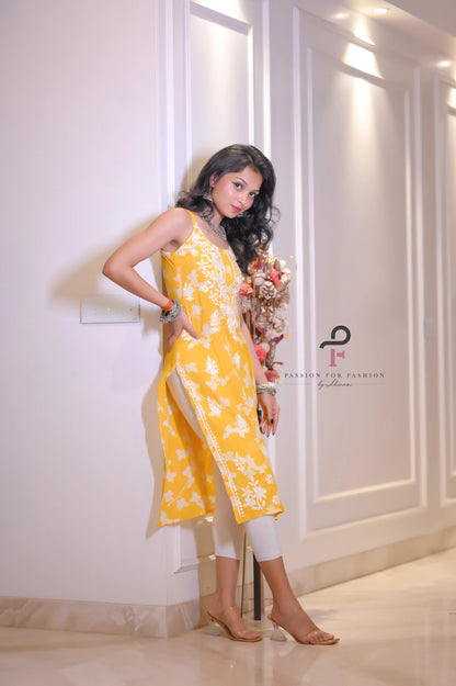 Sunrise Yellow Anokhi Mul Slit Chikan Kurta