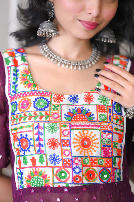 Plum Wine Kutchi Embroidered Gulnaz Kurta