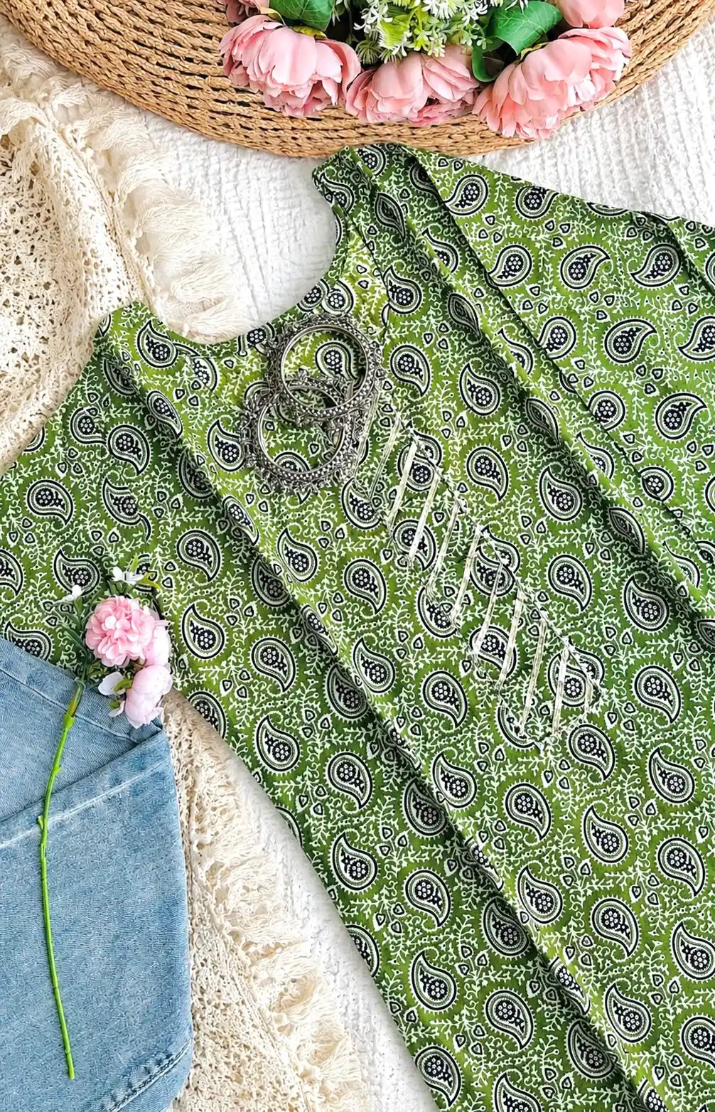 Green Jaipuri Cotton Short Kurta